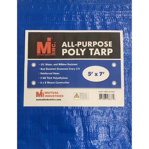 Tarp, 5 ft x 7 ft, 5 Mil, Blue, UV Resistant, Mildew Resistant